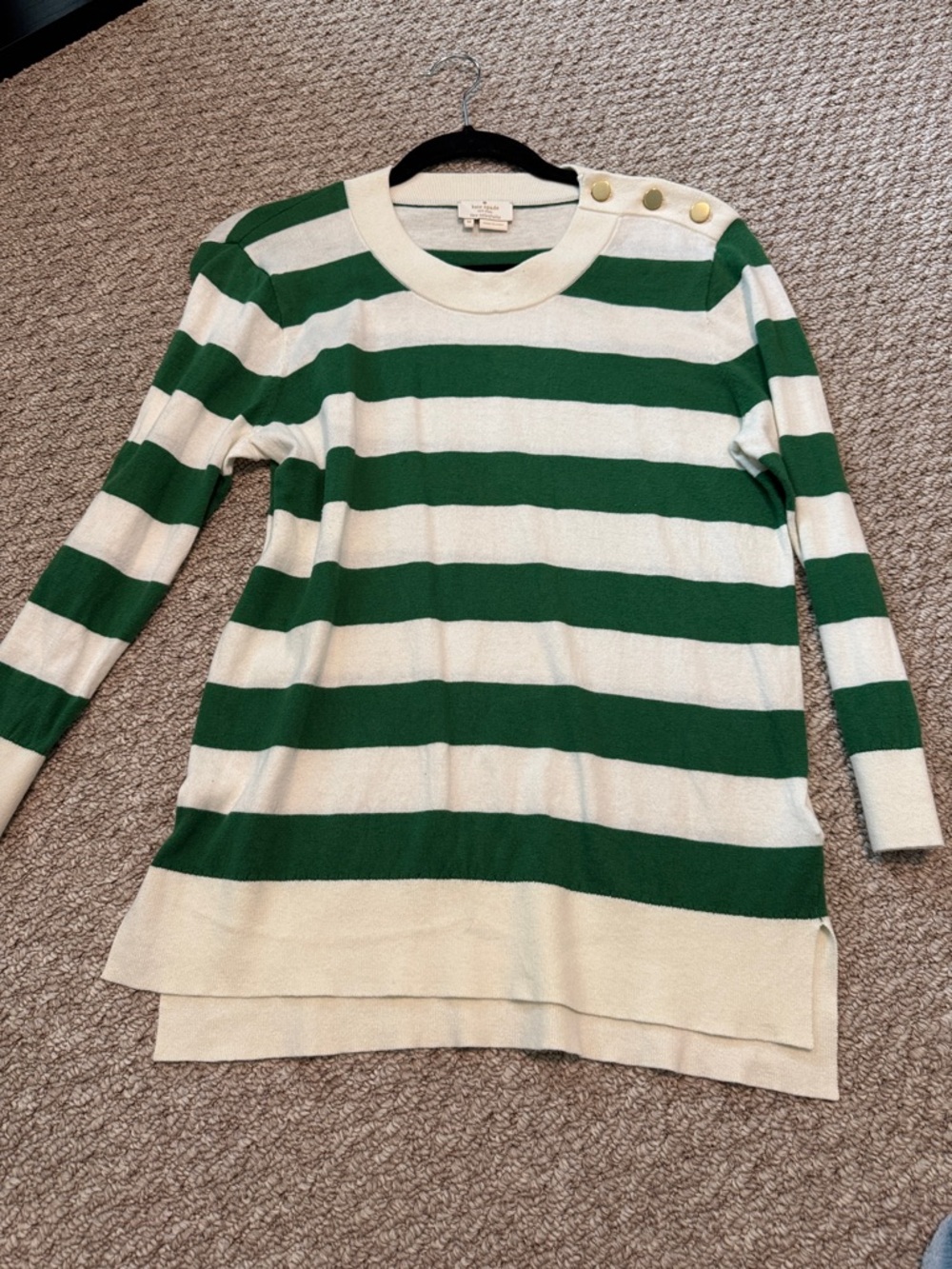 kate spade Green and Cream Striped Crewneck Sweater with Shoulder Buttons
